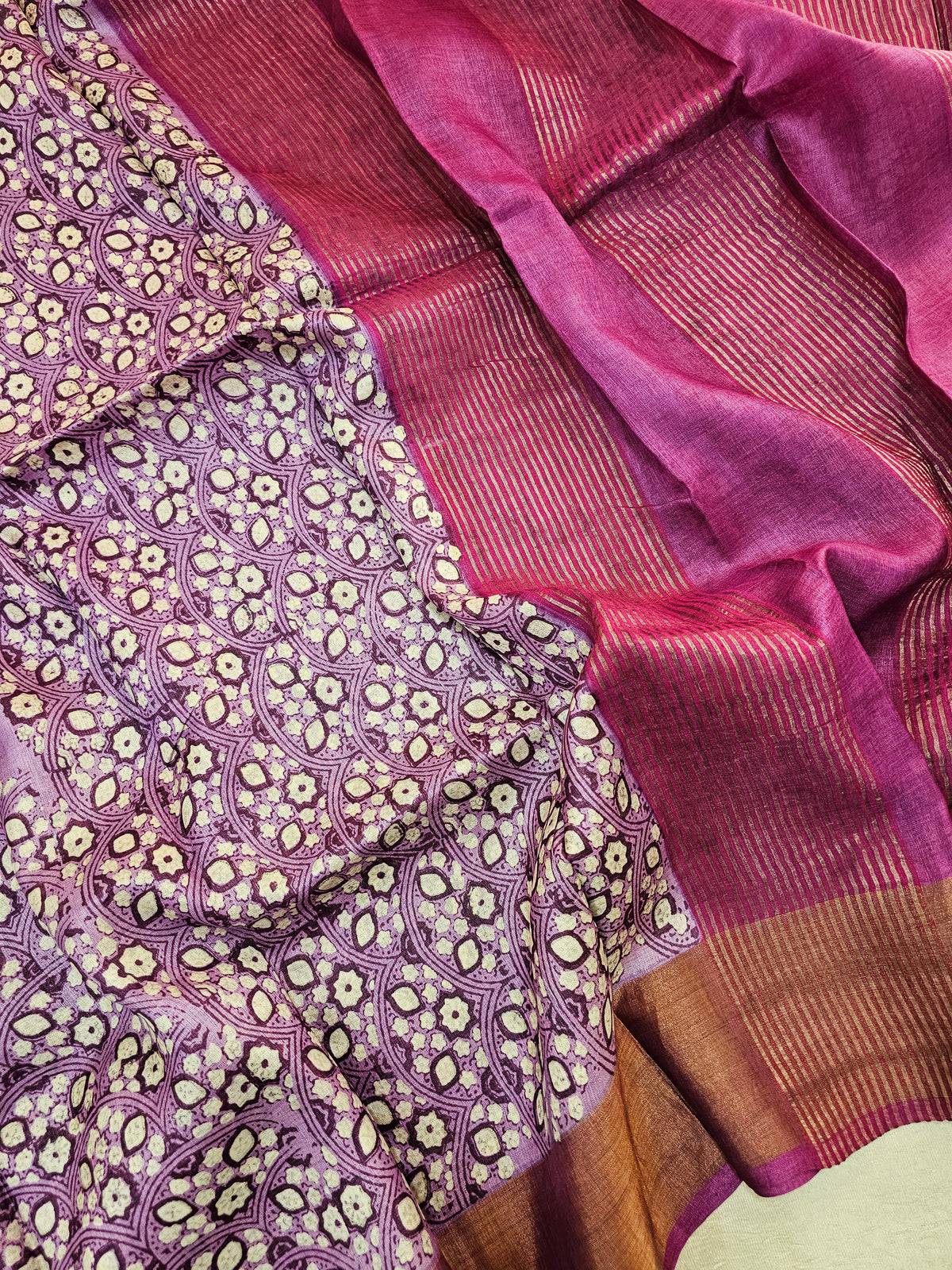 Lavender with Magenta Pink Tussar Silk Saree with Zari Border