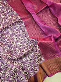 Lavender with Magenta Pink Tussar Silk Saree with Zari Border