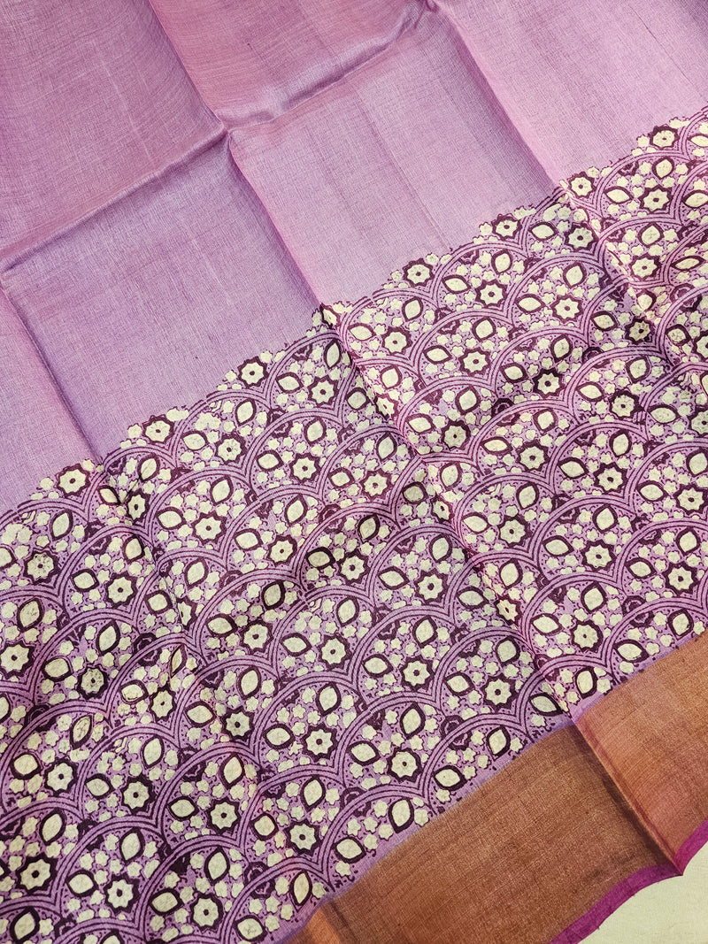 Lavender with Magenta Pink Tussar Silk Saree with Zari Border