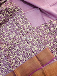 Lavender with Magenta Pink Tussar Silk Saree with Zari Border