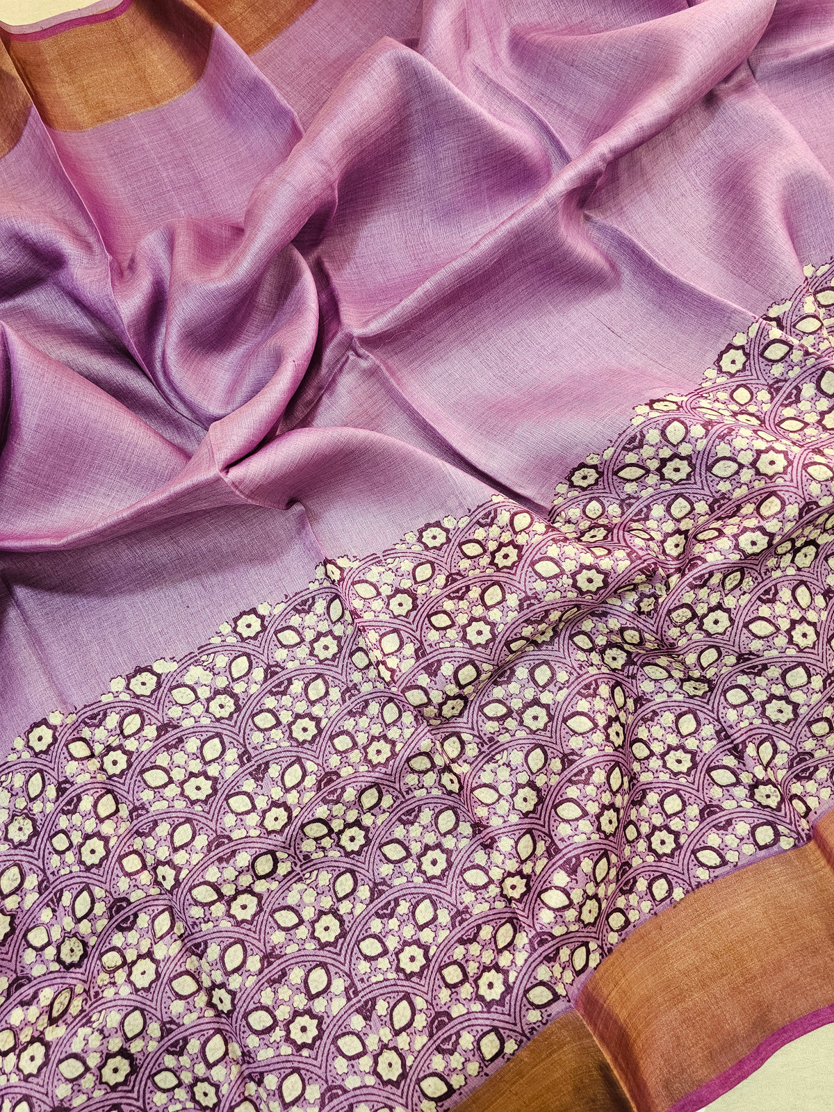 Lavender with Magenta Pink Tussar Silk Saree with Zari Border