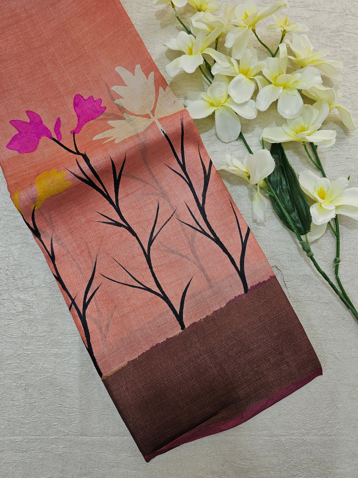 Peach with Dark Maroon Tussar Silk Saree with Zari Border