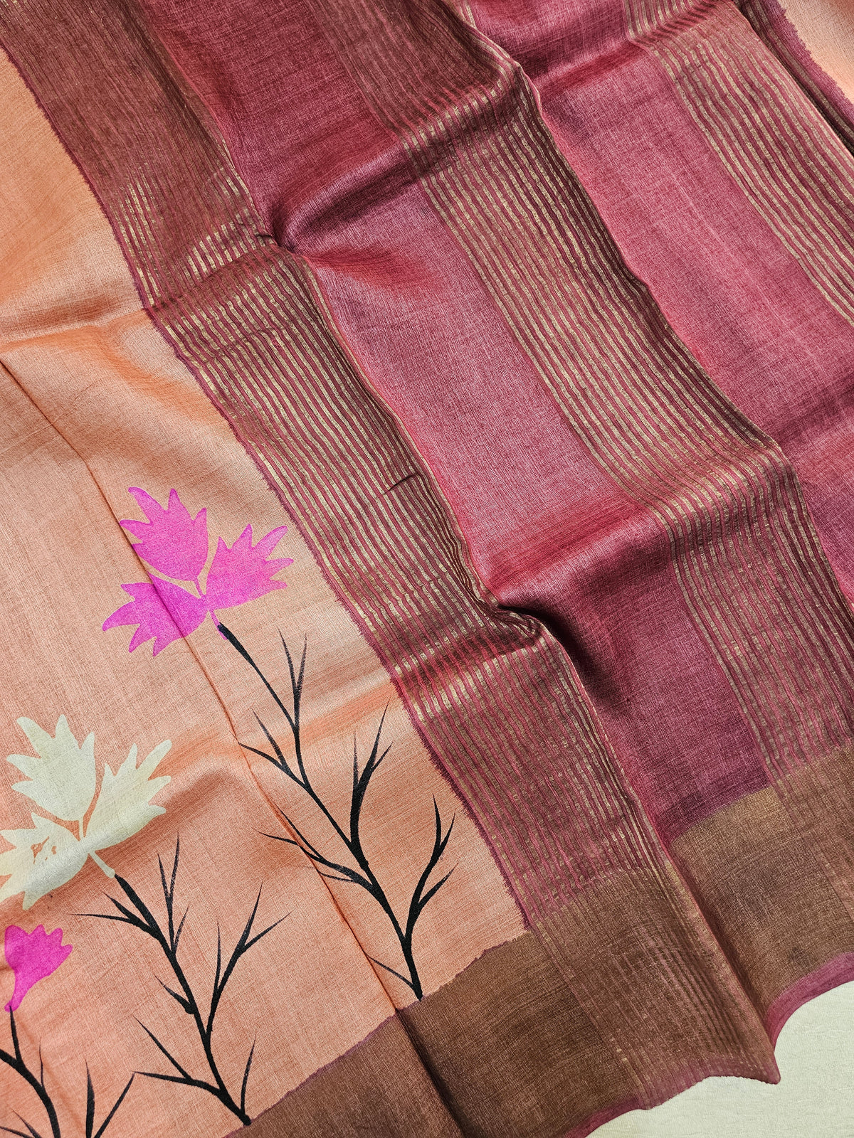 Peach with Dark Maroon Tussar Silk Saree with Zari Border