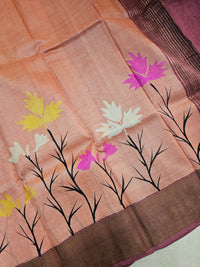 Peach with Dark Maroon Tussar Silk Saree with Zari Border