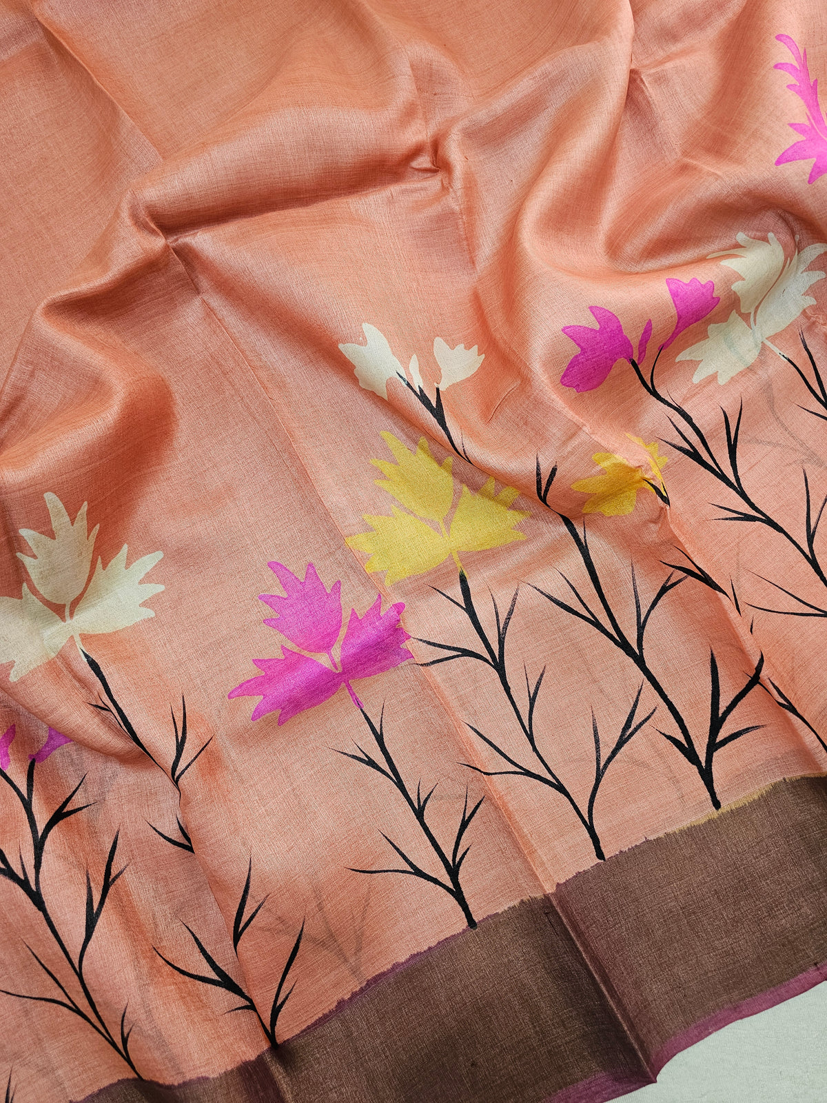 Peach with Dark Maroon Tussar Silk Saree with Zari Border