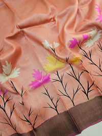 Peach with Dark Maroon Tussar Silk Saree with Zari Border