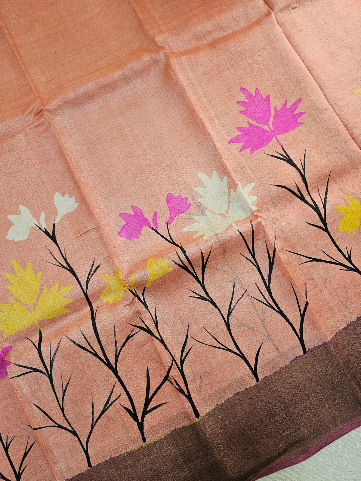 Peach with Dark Maroon Tussar Silk Saree with Zari Border