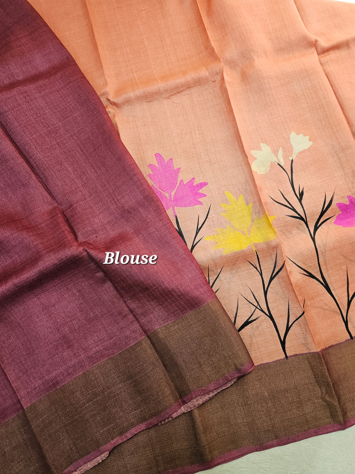 Peach with Dark Maroon Tussar Silk Saree with Zari Border