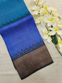 Off-white with Blue Tussar Silk Saree with Zari Border