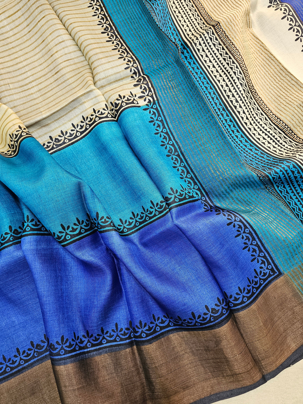 Off-white with Blue Tussar Silk Saree with Zari Border