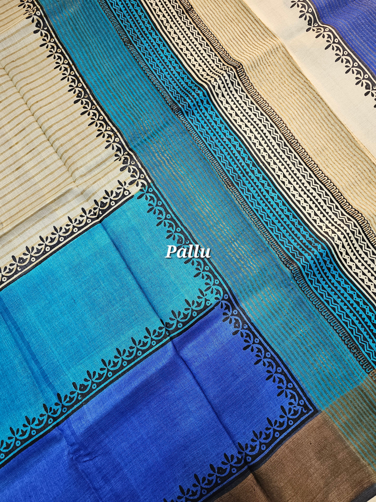 Off-white with Blue Tussar Silk Saree with Zari Border