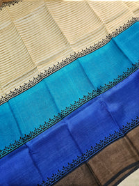 Off-white with Blue Tussar Silk Saree with Zari Border