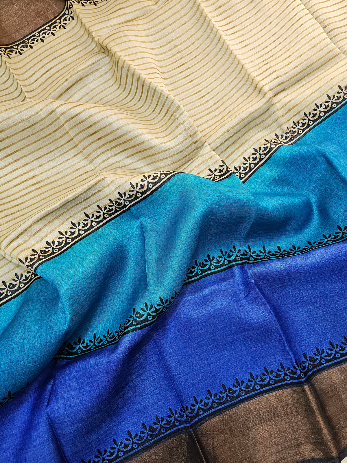 Off-white with Blue Tussar Silk Saree with Zari Border