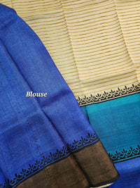 Off-white with Blue Tussar Silk Saree with Zari Border