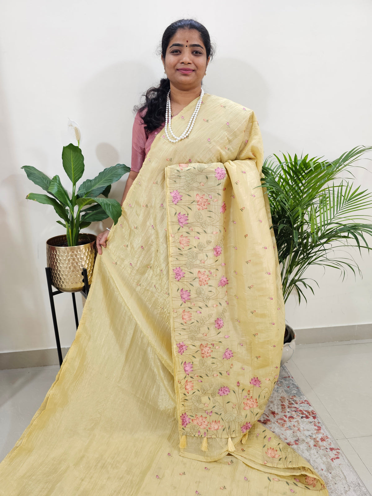 Premium Crushed Designer Soft Saree - Pastel Yellow