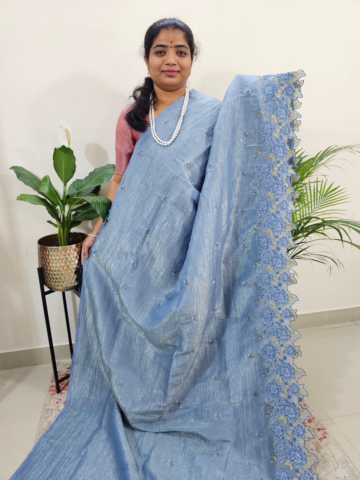 Premium Crushed Designer Soft Saree  - Blue