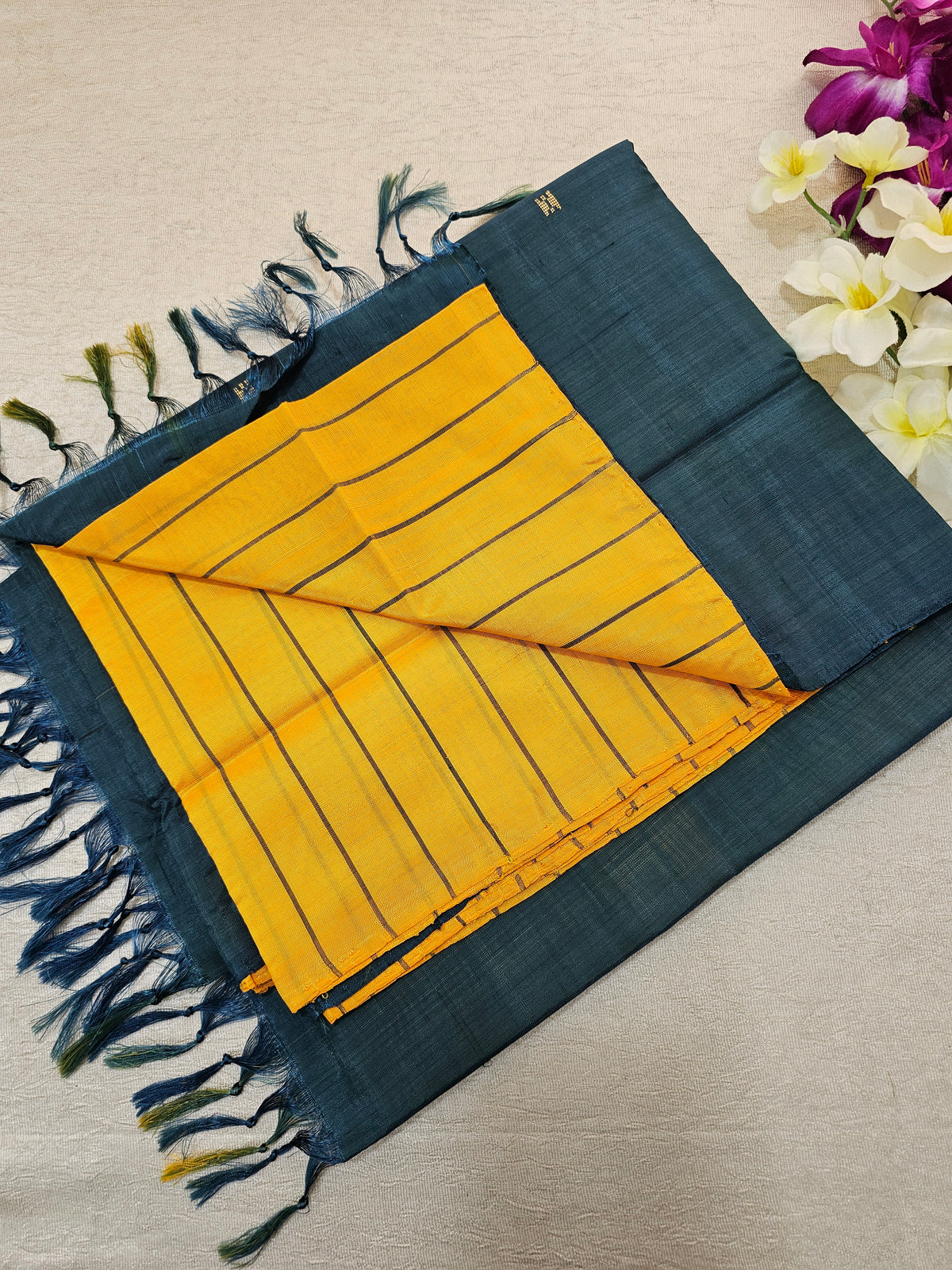 Mango Yellow with Peacock Green Stripes Chinnalampattu Saree