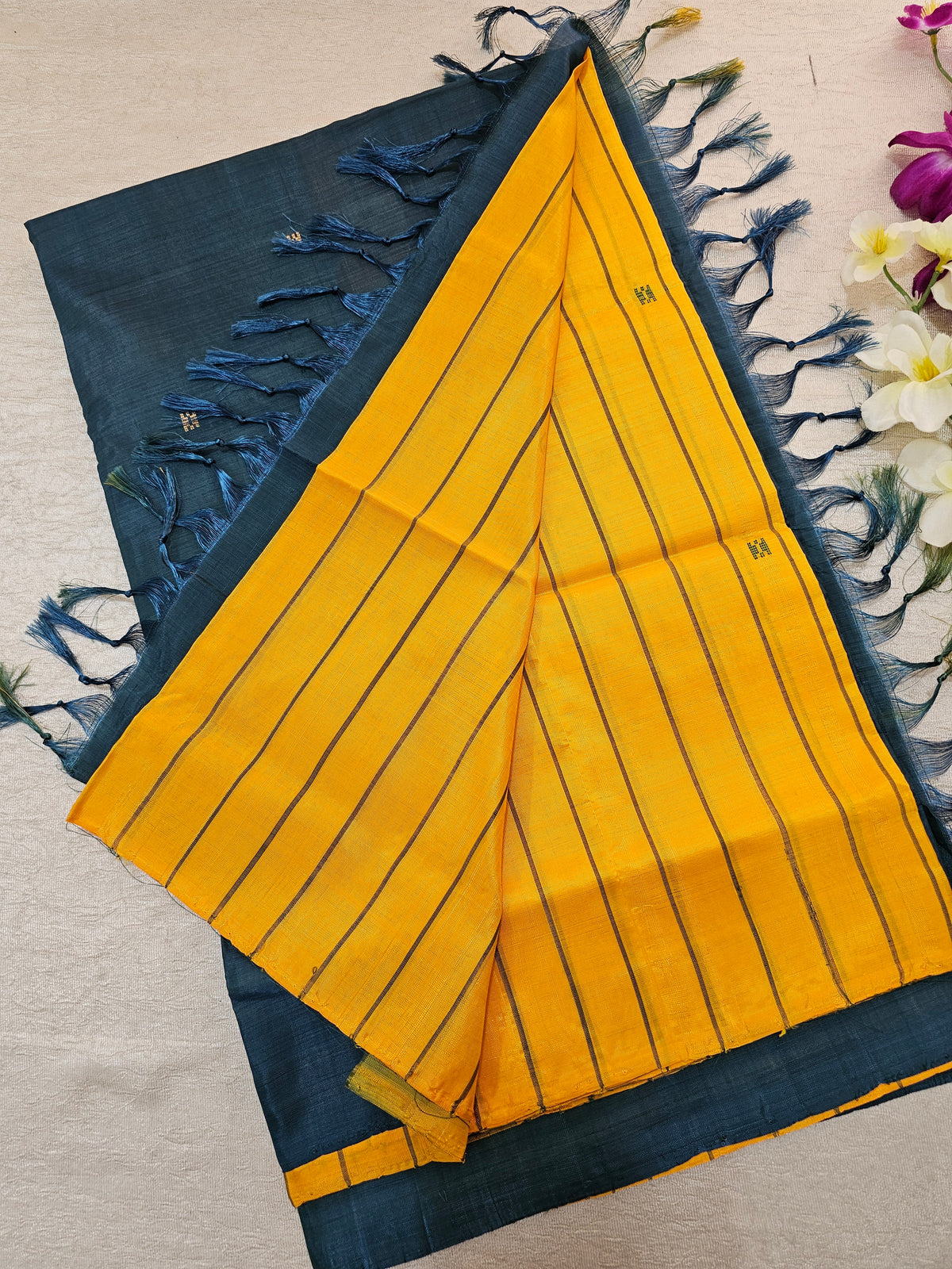 Mango Yellow with Peacock Green Stripes Chinnalampattu Saree