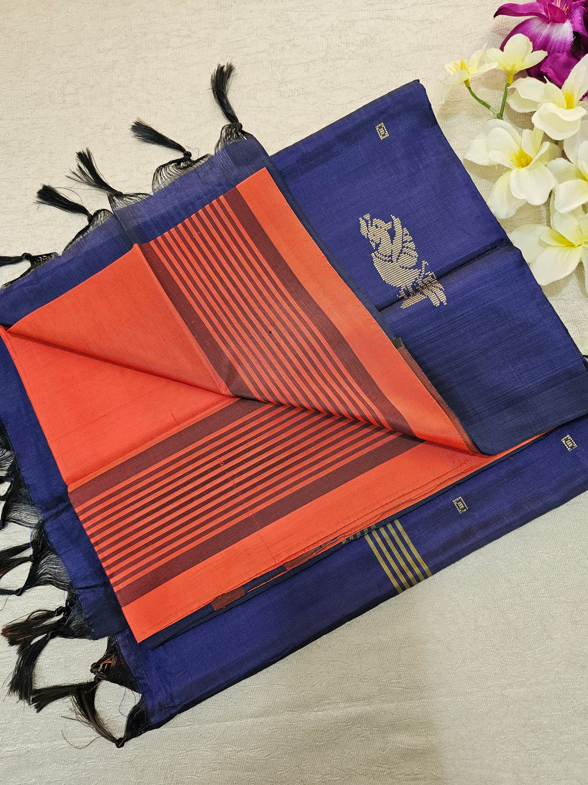 Dark Orange with Blue Chinnalampattu Saree