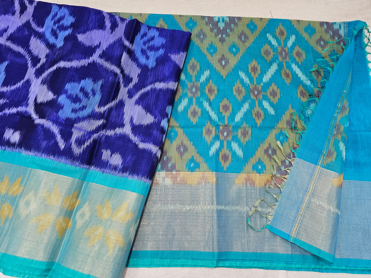 Blue with Sky Blue Pochampally Ikkat Silk Cotton (SICO Pattu)