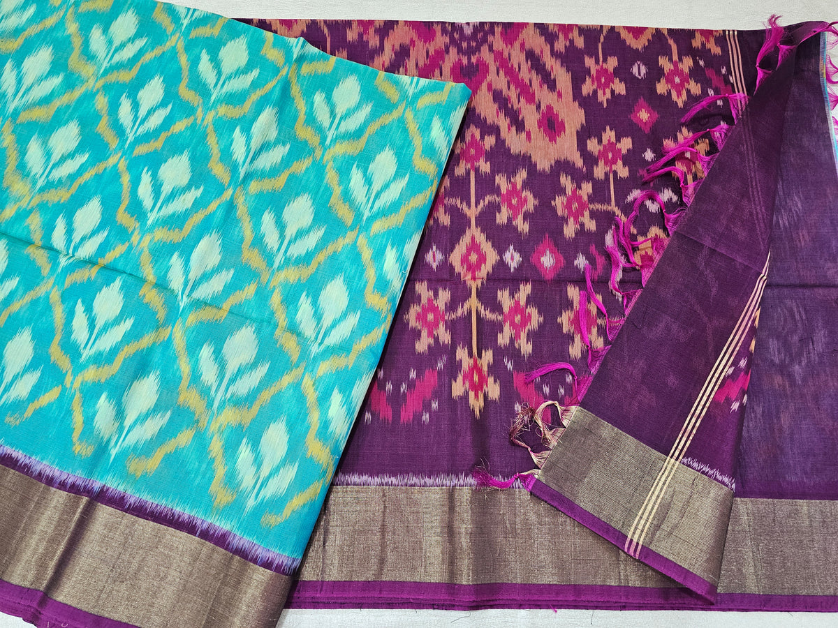 Sea Green with Magenta Pink Pochampally Ikkat Silk Cotton (SICO Pattu)