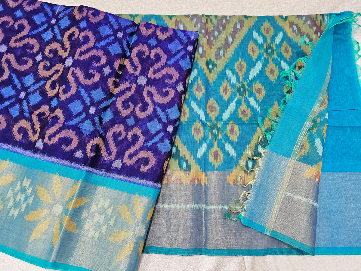 Dark Blue with Sky Blue Pochampally Ikkat Silk Cotton (SICO Pattu)