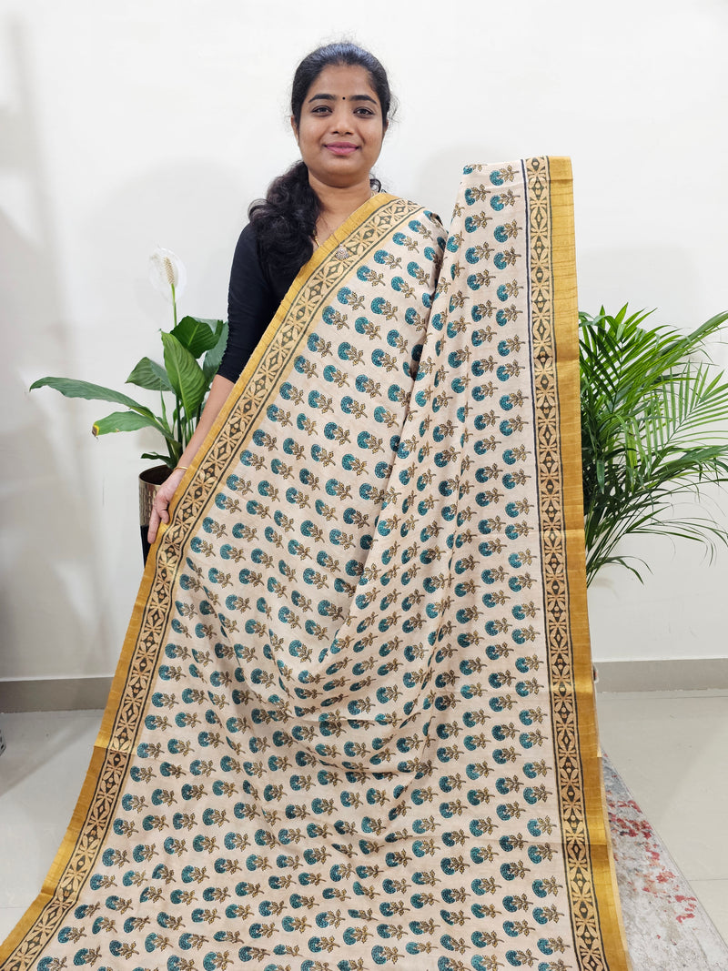 Soft Semi Tussar Digital Prints with Tissue Border - Cream with Yellow