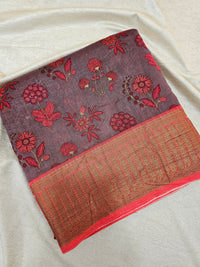 Pure Chanderi Butter Silk - Dark Purple with Red