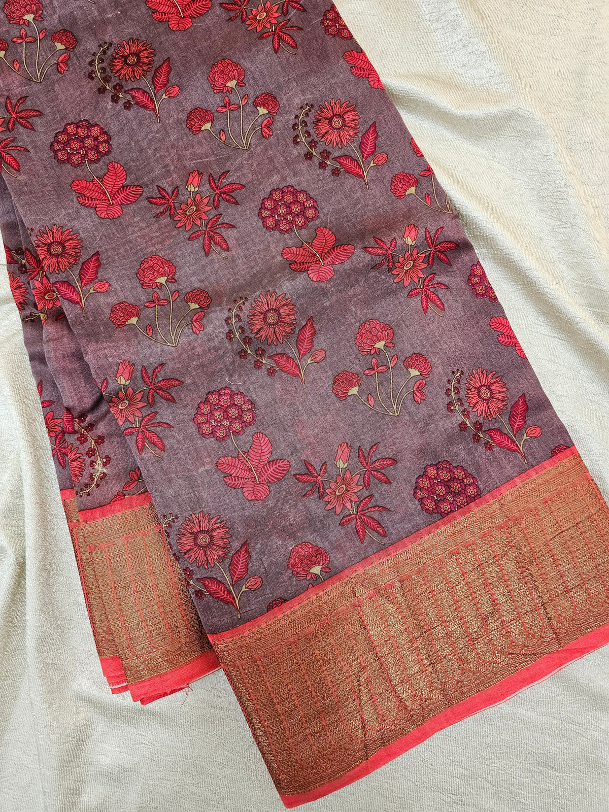 Pure Chanderi Butter Silk - Dark Purple with Red