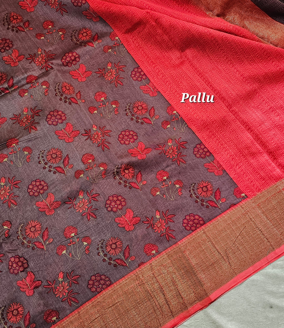 Pure Chanderi Butter Silk - Dark Purple with Red