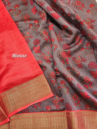 Pure Chanderi Butter Silk - Dark Purple with Red