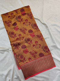 Pure Chanderi Butter Silk - Mustard Yellow with Red