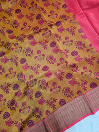 Pure Chanderi Butter Silk - Mustard Yellow with Red