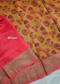 Pure Chanderi Butter Silk - Mustard Yellow with Red