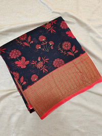 Pure Chanderi Butter Silk - Dark Blue with Red