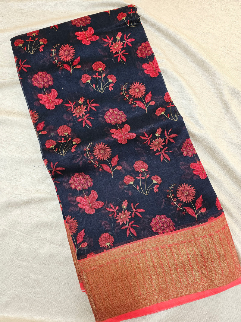 Pure Chanderi Butter Silk - Dark Blue with Red