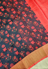 Pure Chanderi Butter Silk - Dark Blue with Red