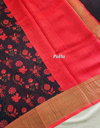 Pure Chanderi Butter Silk - Dark Blue with Red