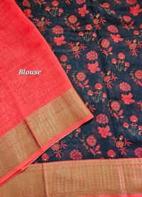 Pure Chanderi Butter Silk - Dark Blue with Red