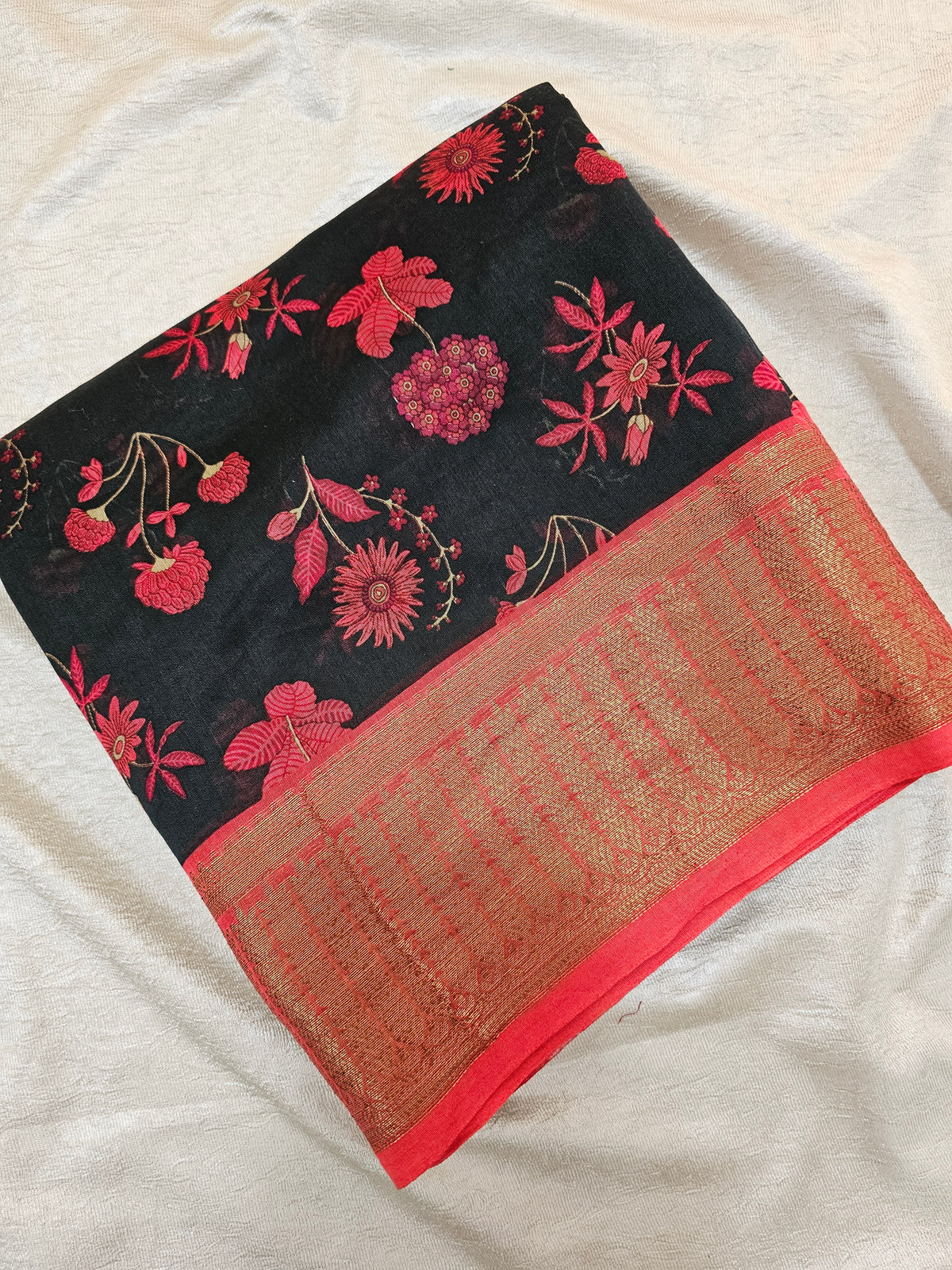 Pure Chanderi Butter Silk - Black with Red