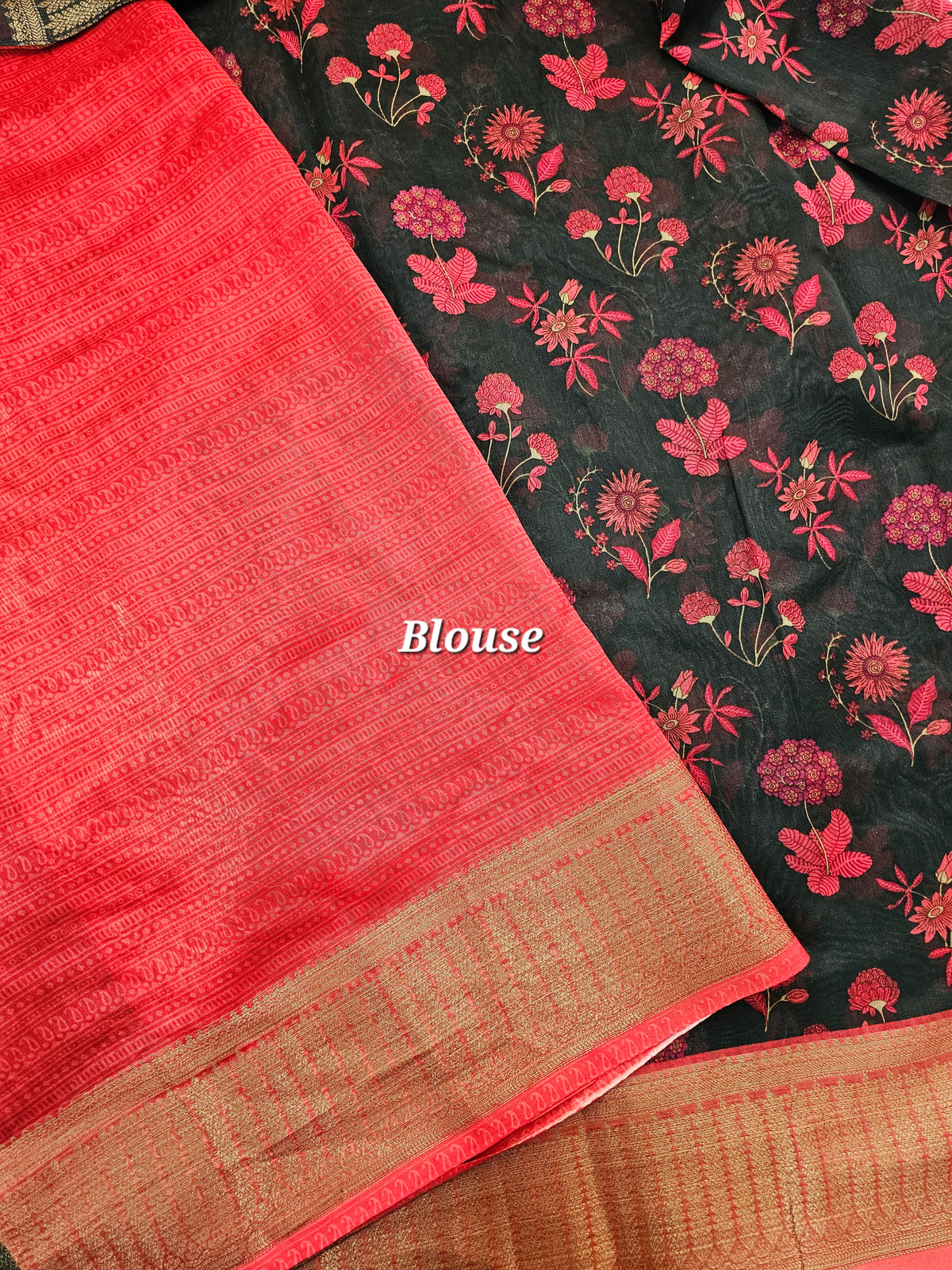 Pure Chanderi Butter Silk - Black with Red