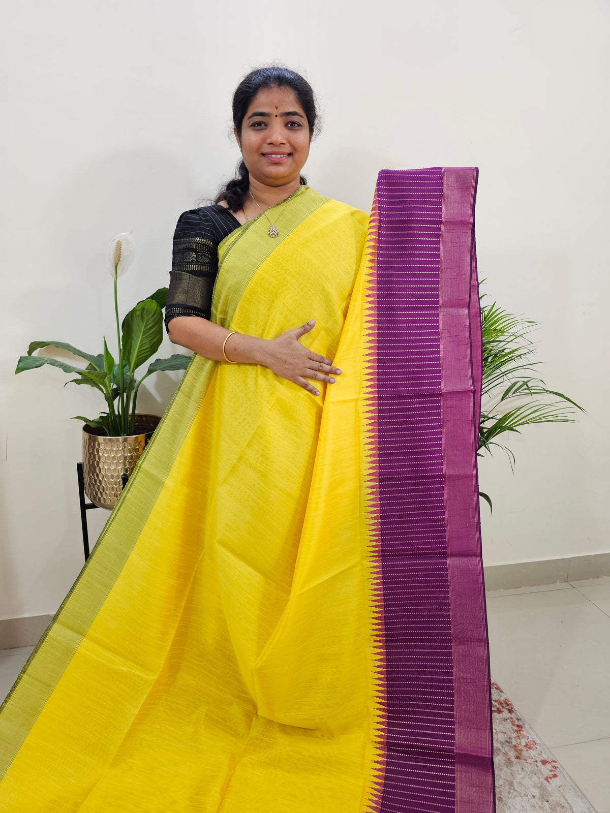 Korvai Weaving Semi Raw Silk Saree - Yellow with Purple