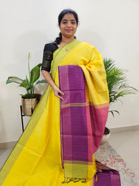 Korvai Weaving Semi Raw Silk Saree - Yellow with Purple