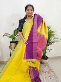 Korvai Weaving Semi Raw Silk Saree - Yellow with Purple