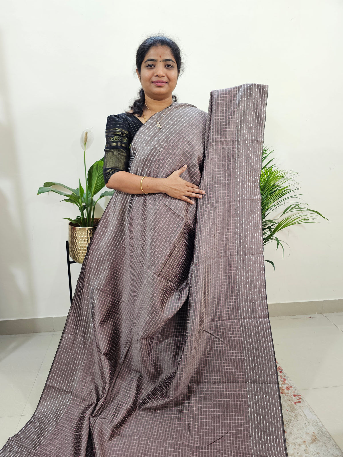 Semi Raw Silk Saree -  Beige with Pink