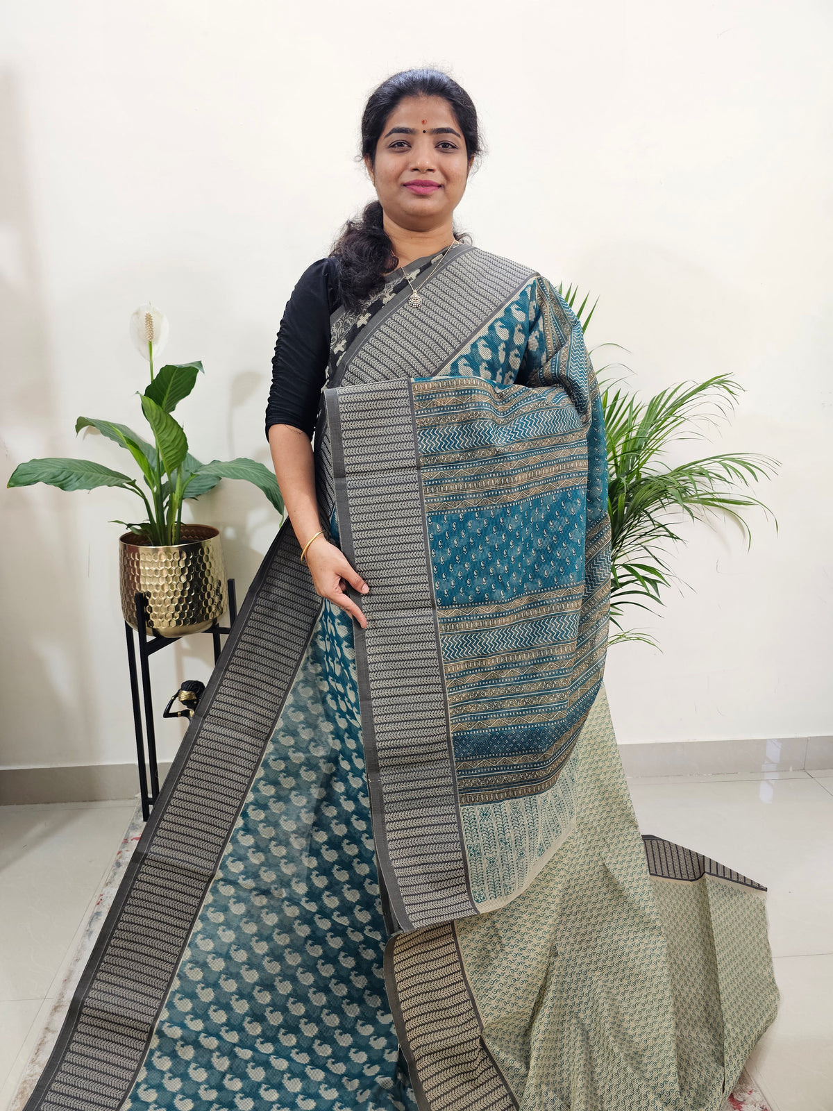 Premium Super Net Kota Saree - Peacock Green