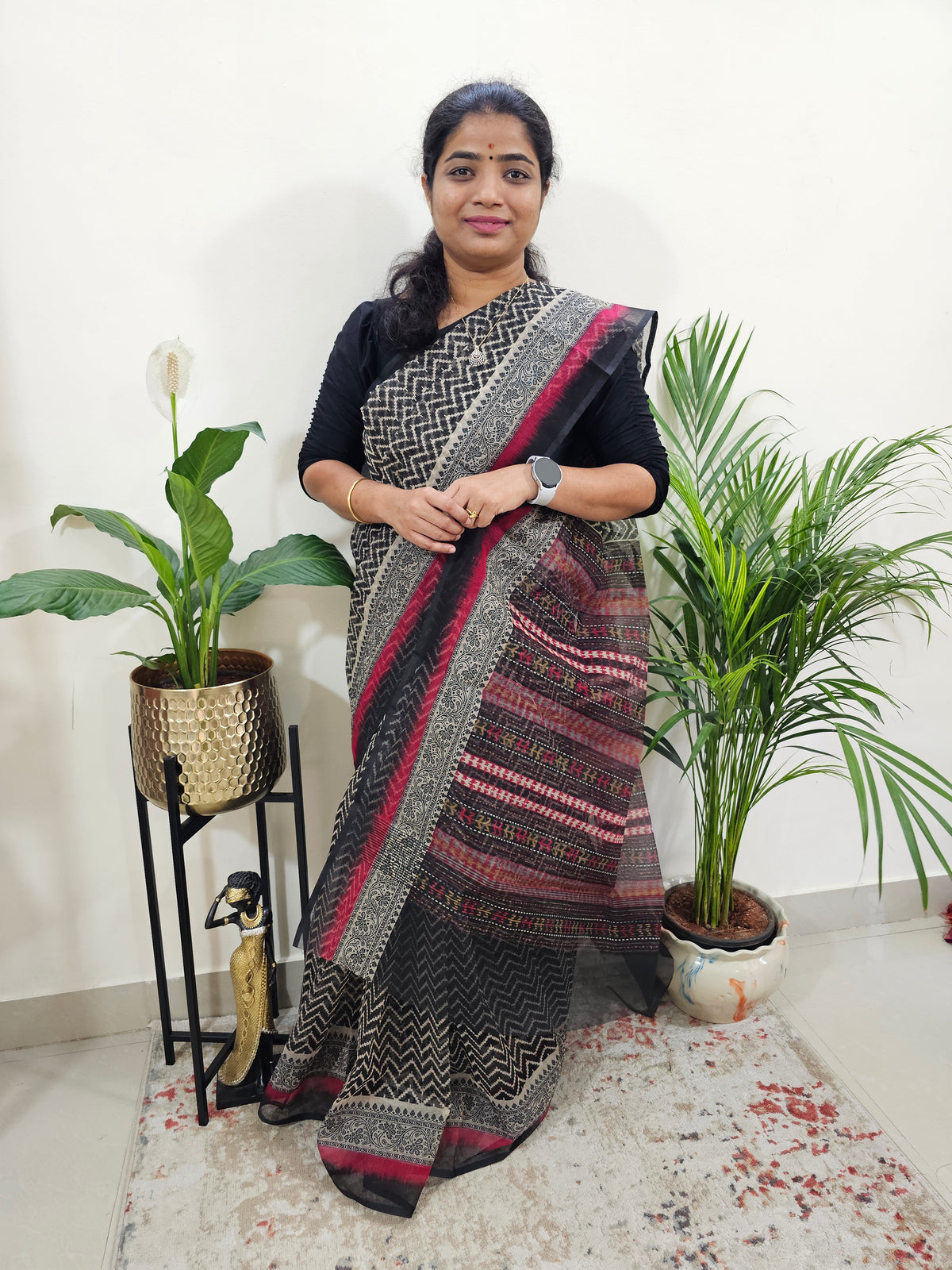 Premium  Super Net Kota Saree - Black with Red