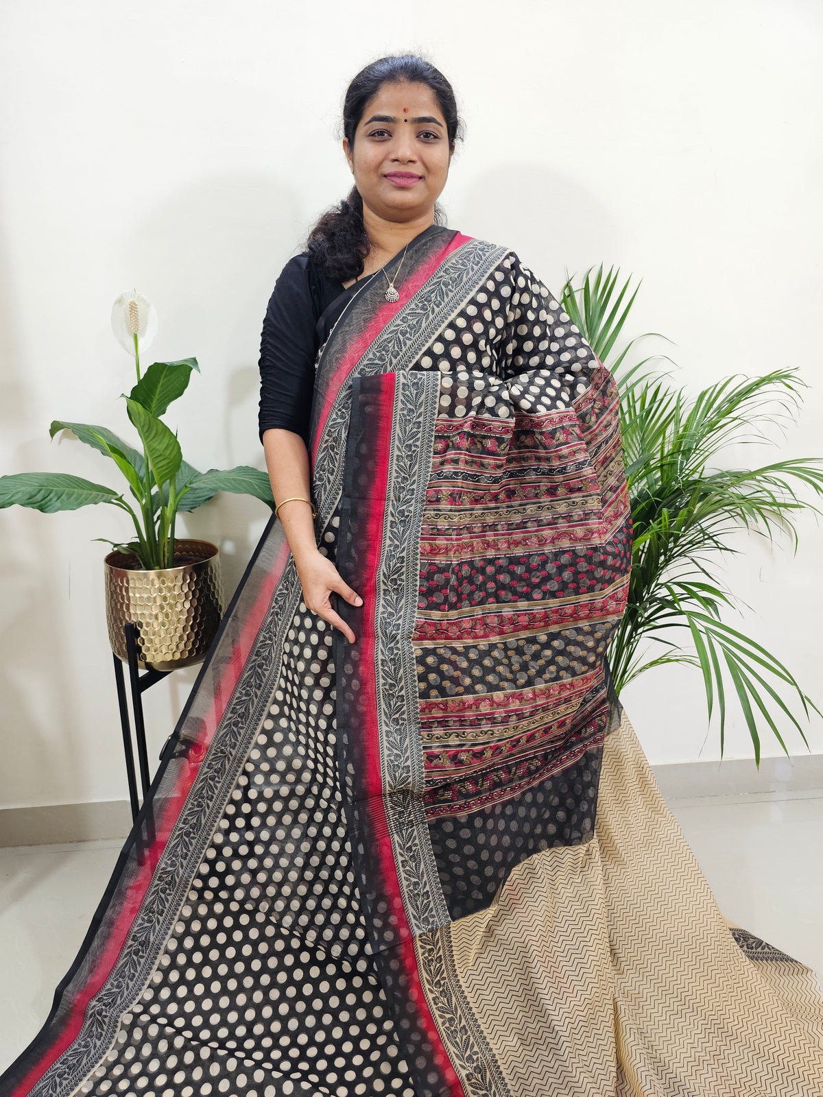 Premium  Super Net Kota Saree - Black with Red