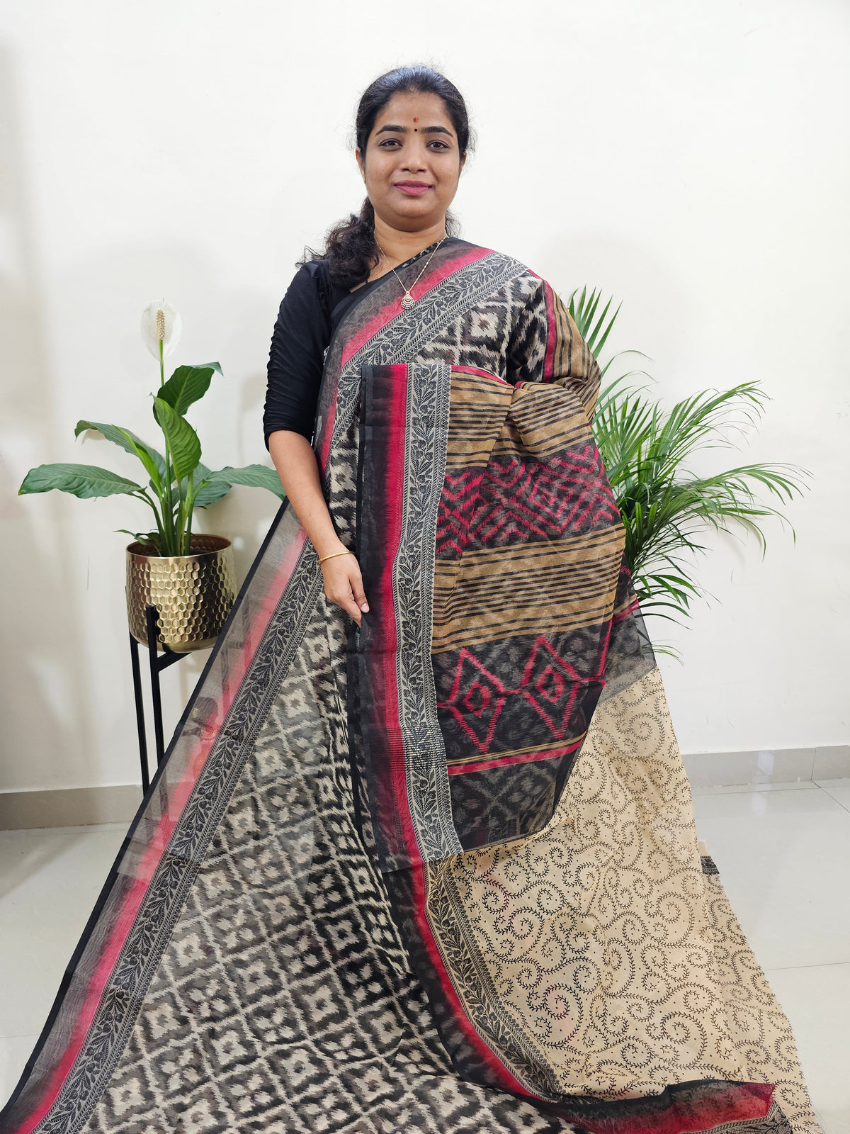 Premium  Super Net Kota Saree - Black with Red