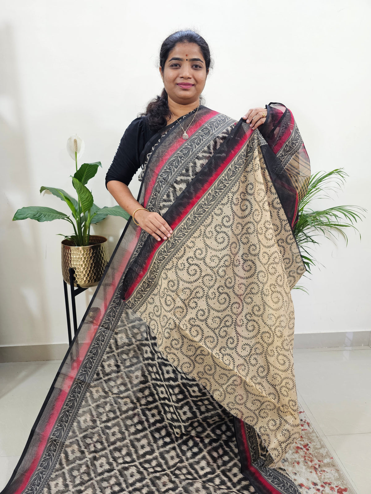 Premium  Super Net Kota Saree - Black with Red